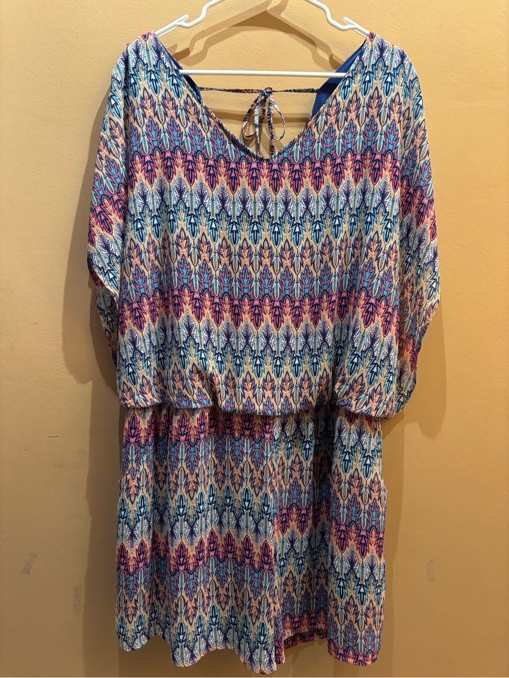 Derek Heart romper bohemian pattern v-neckline drawstring tie back pockets  3X